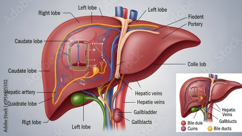 High detailed anatomical medical illustration of liver showing right, left, caudate and quadrate lobes, hepatic artery, portal vein, hepatic veins, gallbladder, bile ducts and segmental anatomy inset,