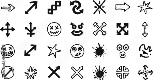 A curated collection of gritty, hand-drawn icons featuring minimalist arrows, geometric stars, and expressive "dead-eye" emoji faces.