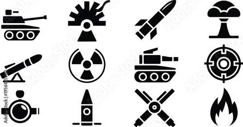 Collection of twelve black military icons including tanks, missiles, nuclear explosion, radiation symbol, target, bullet, and flame, representing warfare technology, defense systems, 