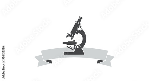 Microscope Icon on Ribbon Banner Illustration.