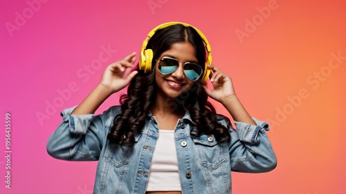 Young woman with headphones and sunglasses making a peace sign