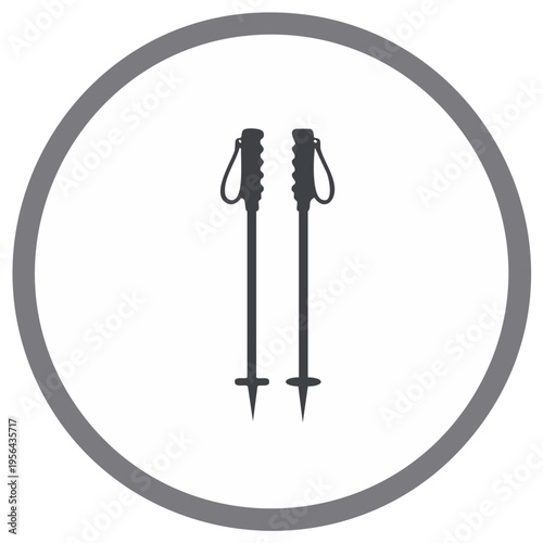 Ski poles icon within a gray circle, winter sport gear.