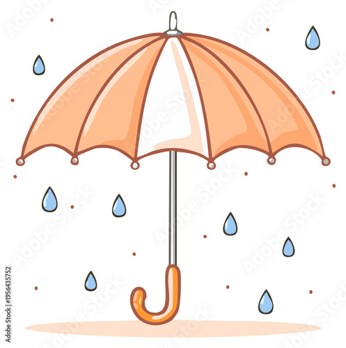 Orange and white umbrella with raindrops cartoon illustration