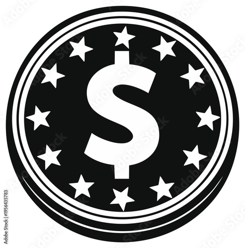 Black and white icon of a dollar coin with stars around the border symbolizing currency and finance
