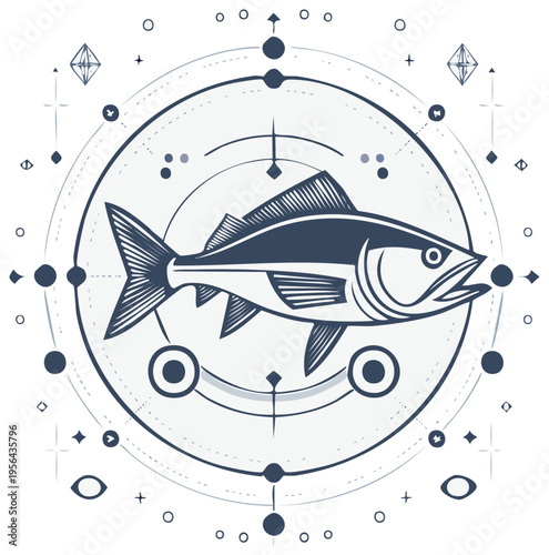Stylized fish illustration inside a mystical circle with sacred geometry and celestial symbols