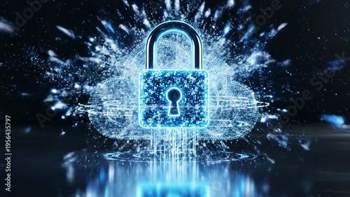 Digital cloud security concept with glowing padlock icon