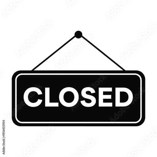 Black and white closed sign hanging on a string against a white background indicating closure or unavailability with simple design and clear message