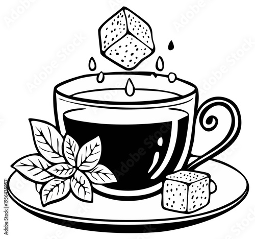 Adding Sugar to a Teacup with Mint Leaves, Line Art Black and White Beverage Illustration
