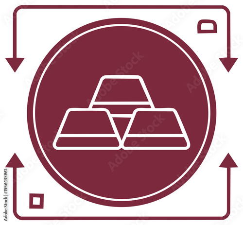 Gold Bullion Bars Icon in Burgundy Circle with Arrows, Finance Symbol