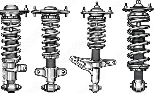 Detailed monochrome illustration of automotive coilover suspension struts and shock absorbers, mechanical engineering drawing of car suspension components for repair, performance tuning, and 