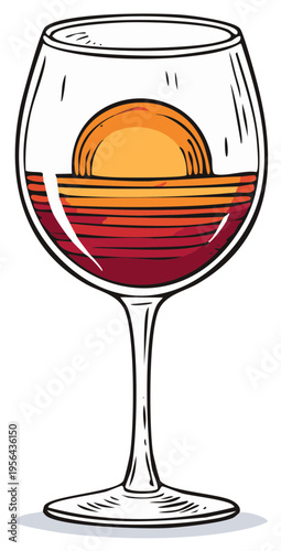 Vibrant Sunset Reflection Inside a Wine Glass - Artistic Hand-drawn Beverage Illustration
