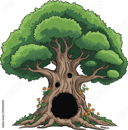 Fantasy magical tree with hollow trunk entrance, lush green canopy and detailed roots, cartoon style nature illustration, enchanted forest concept isolated on white background