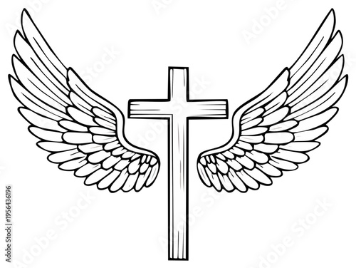 Christian Cross with Angel Wings Outline Drawing Religious Symbol