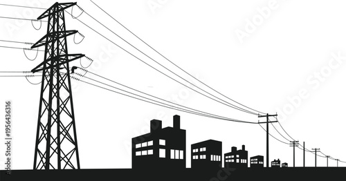 High voltage power transmission lines and industrial factory skyline silhouette vector illustration, electricity grid infrastructure, urban energy distribution system, utility poles and cables design