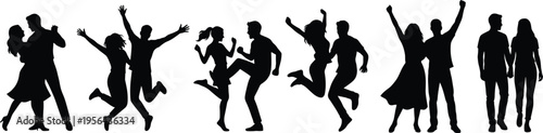 Collection of people silhouettes dancing, jumping and walking couples, joyful movement and celebration concept, group activity, lifestyle and relationship illustration isolated on white background