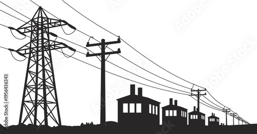 High voltage transmission tower and residential power lines silhouette vector illustration, electricity distribution across houses, urban energy infrastructure, utility poles and cables network 