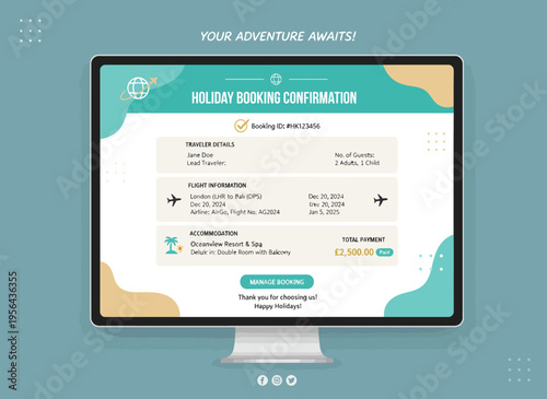 A computer screen displays a holiday booking confirmation on a teal background with a monitor and text