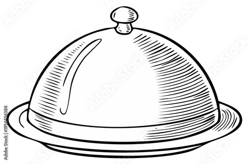 Illustration of a cloche on a plate, a classic serving dish, in an engraving style.