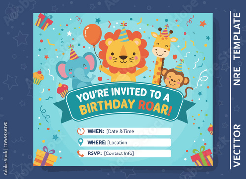 A colorful illustration of a birthday invitation with cartoon animals and party decorations on a blue background for kids