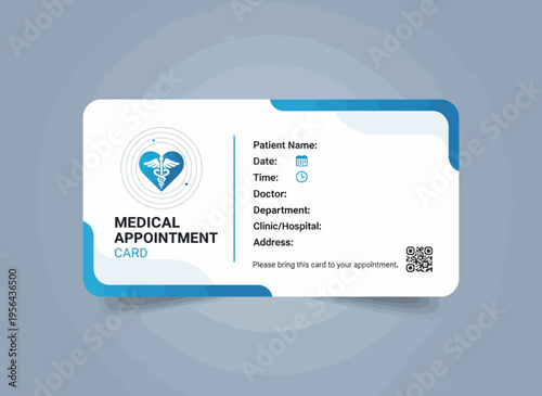 A medical appointment card with a blue and white design is presented on a gray surface for healthcare.