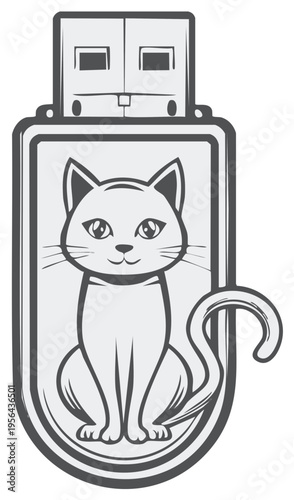 Cute cartoon cat sitting on a USB flash drive vector illustration icon