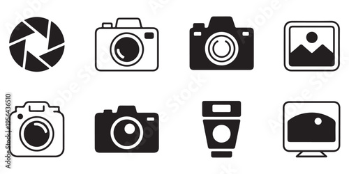 Professional Photography Icon Set with Solid and Outline Camera and Media Symbols