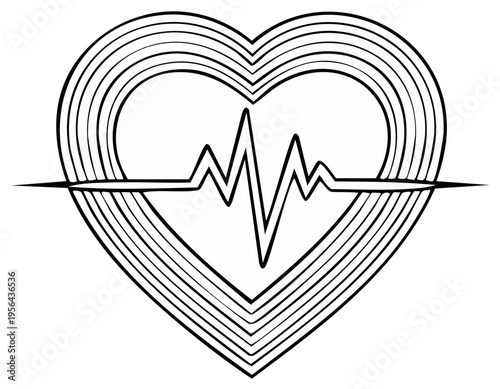Heart outline with heartbeat graph, symbol of cardiology, medical health care, and love in graphic art.