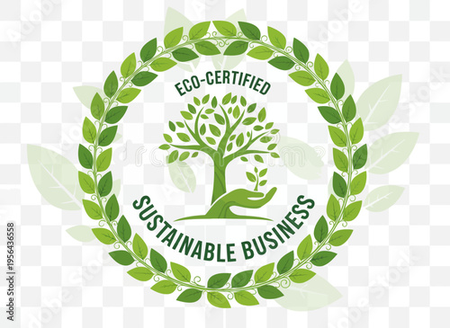 A green eco-certified sustainable business logo with a tree and leaves on a transparent background
