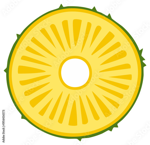 Bright yellow pineapple ring slice with spiky green rind vector illustration