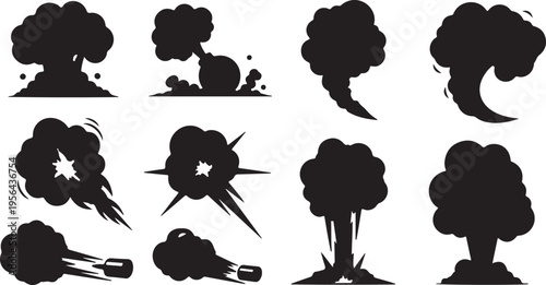 A powerful collection of black silhouette explosion effects and smoke clouds in a classic comic book style. 