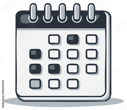 Cartoon style calendar icon represents planning, events, scheduling appointments, reminders and organization