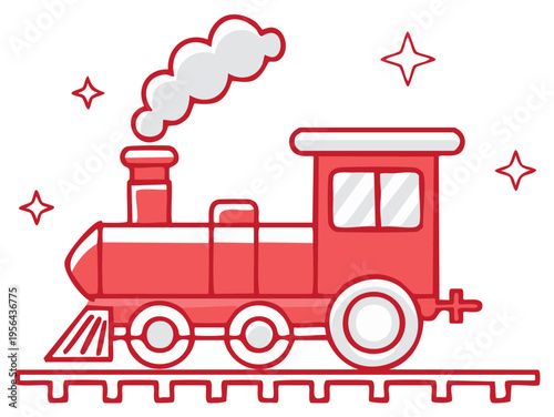 Red Cartoon Train with Smoke Puffing Along the Tracks, Starry Background