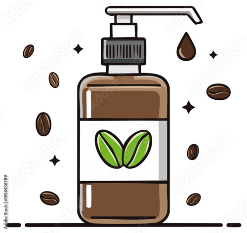 Natural coffee infused cosmetic dispenser with a green leaf logo and floating coffee beans illustration