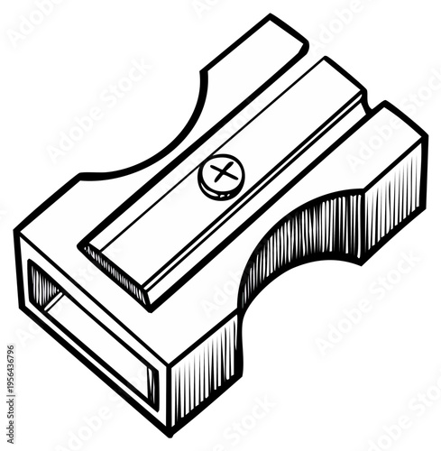 Isometric view of a mechanical pencil sharpener, black and white line art