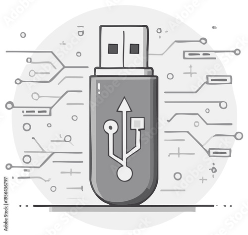 Digital USB flash drive with abstract circuit board pattern and data flow
