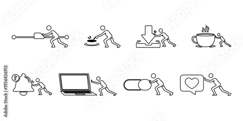 Set of Tiny Person Icons Pushing Heavy Objects Concepts of Digital Addiction Social Media Burnout and Daily Grind Metaphors