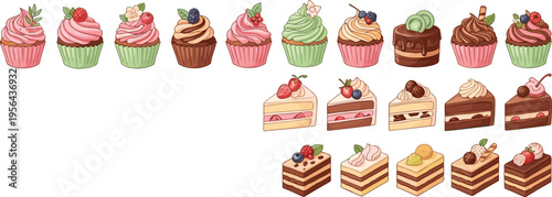 Cupcakes and cake slices collection set with sweet bakery desserts fruits topping flat vector illustration collection