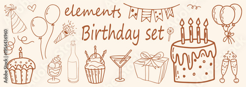 Cute Birthday Doodle Illustration Pack. Sketch Style Party Decorations with Balloons, Gifts, Cupcakes, Hearts and Greeting Elements. Vector Illustration