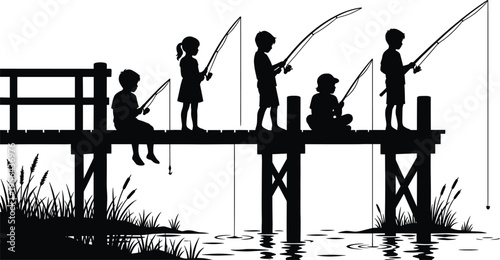 Silhouette of children fishing from wooden pier, outdoor leisure activity, kids enjoying nature by water, summer recreation concept, peaceful lakeside scene illustration isolated on white background