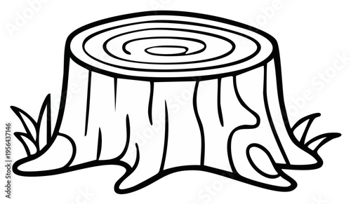 Outline drawing of a rustic tree stump with visible growth rings and sprouting grass