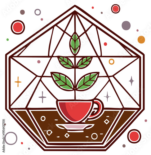 Geometric illustration of a teacup with plant leaves inside a glass frame