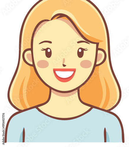 Smiling cartoon woman with blonde hair and blue shirt, happy expression.