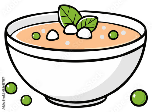 Delicious Creamy Soup Bowl Garnished with Fresh Green Leaves and Peas