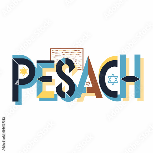 Stylized illustration of the word PESACH in multi-colored letters with Jewish symbols like the Star of David and a Seder plate.