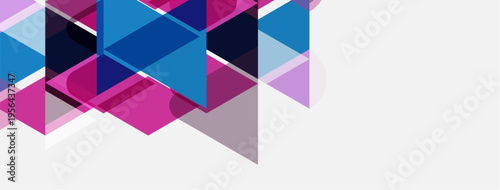 Abstract geometric shapes overlap. Pink, blue, purple hues dominate design. Minimalist composition with significant negative space.