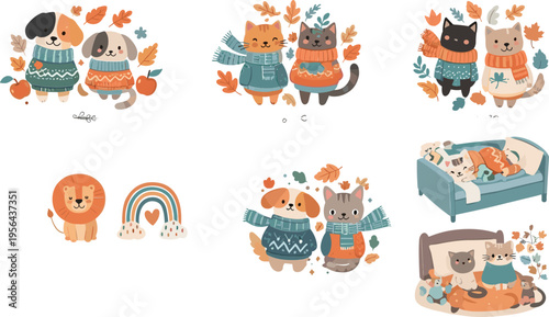 Cute autumn animals set with cat dog lion cozy sweaters fall leaves kawaii cartoon vector illustration collection