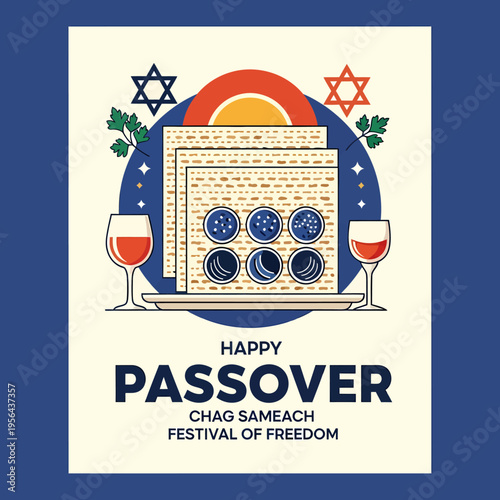 Happy Passover Seder plate illustration with matzah, wine, and Jewish stars, celebrating the Festival of Freedom with traditional symbols.
