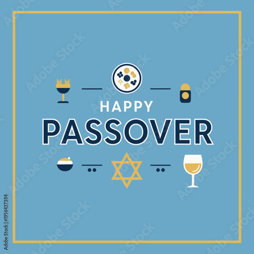 A flat design illustration wishing "Happy Passover" with traditional Jewish holiday symbols like a Seder plate, kiddush cup, matzah, and Star of David on a blue background.