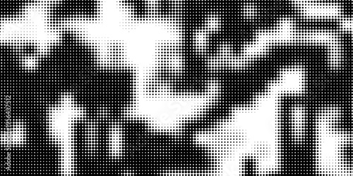 Grunge halftone gradient background. Faded grit noise texture. White and black sand wallpaper. Retro pixelated backdrop.