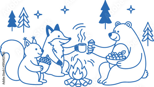 blue line drawing of animals having a campfire
